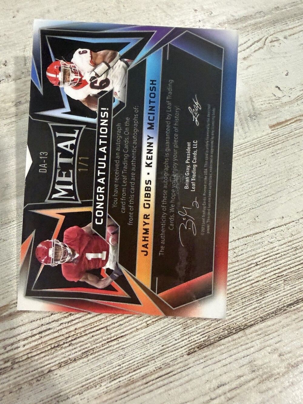 Kenny McIntosh Jahmyr Gibbs 2023 Leaf Metal Dual Auto 1/1 Purple Cracked Ice - Picture 2 of 3